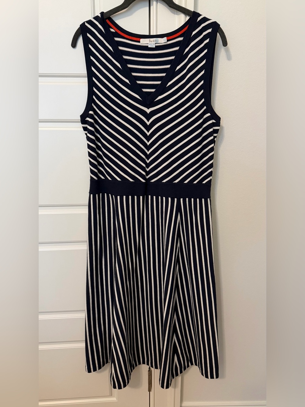 Boden Navy and White Striped V-Neck Sleeveless Midi Dress